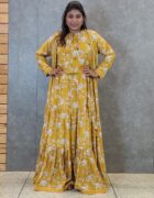 yellow floral print gazzing skirt with crop blouse teamed with long kalidar jacket