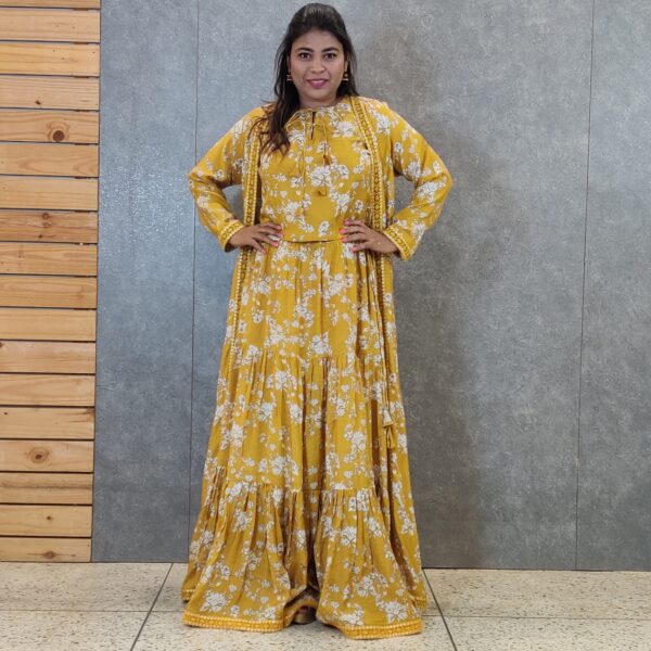yellow floral print gazzing skirt with crop blouse teamed with long kalidar jacket