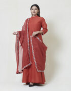 Red kota cotton dupatta with multi thread parsi gara hand embroidery border
