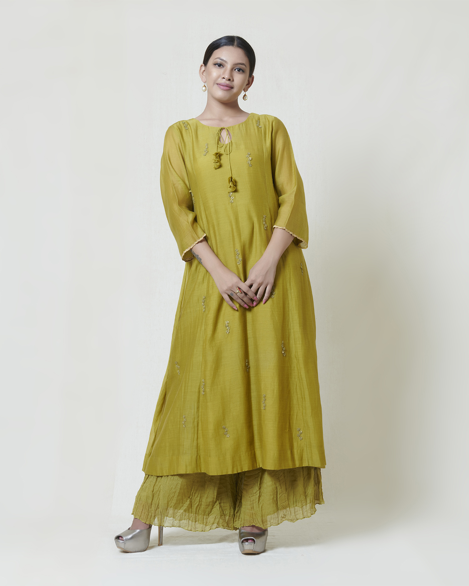 Olive A line long kurta in kora chanderi with thread hand embroidery butis