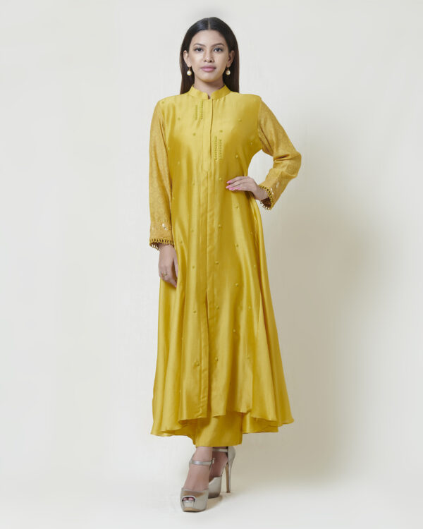 Golden yellow full sleeved centre slit kurta in chanderi with french knot and spring thread hand embroidery highlighted with glass beads
