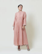 Dusty coral dress in kora chanderi and layered in mul mul with applique and cutwork detailing
