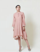 Salmon pink asymmetric dress layered in mulmul with applique and cutwork detail