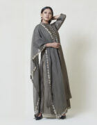 Warm grey band neck long kurta in chanderi with applique and cutwork detail accentuated with detailing on the yoke