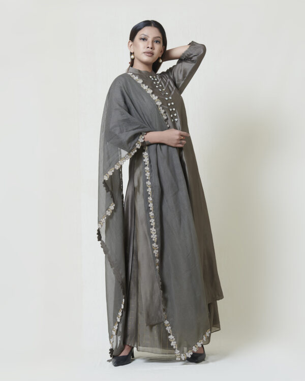 Warm grey band neck long kurta in chanderi with applique and cutwork detail accentuated with detailing on the yoke