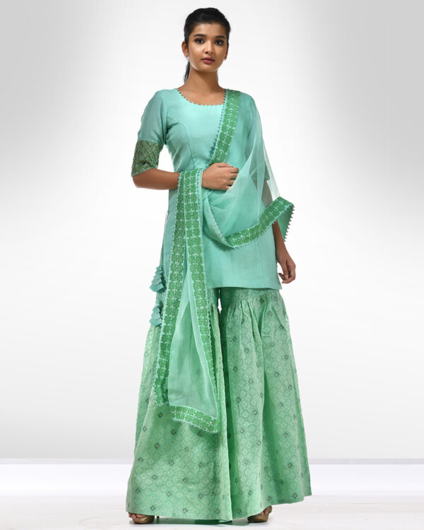Aqua green organza dupatta with thread and sequins hand embroidery border accentuated