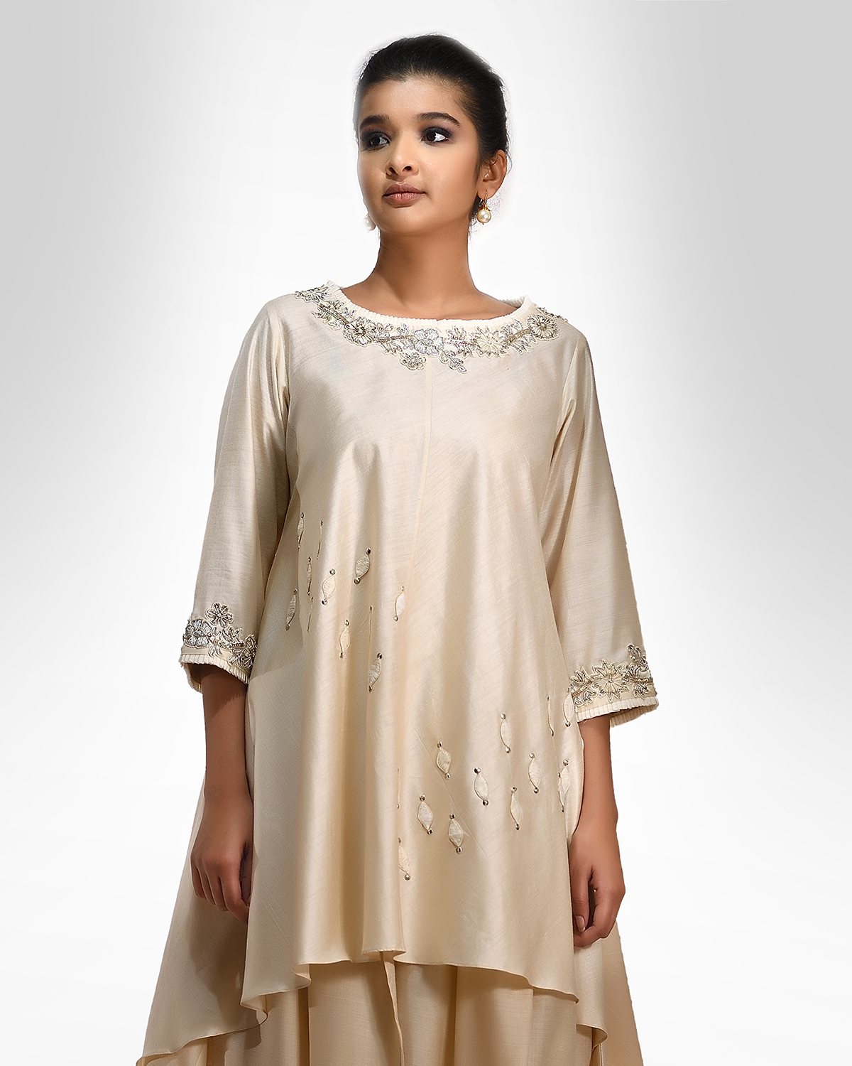 Moonga silk high low tunic with hand zardozi and thread shadow embroidery