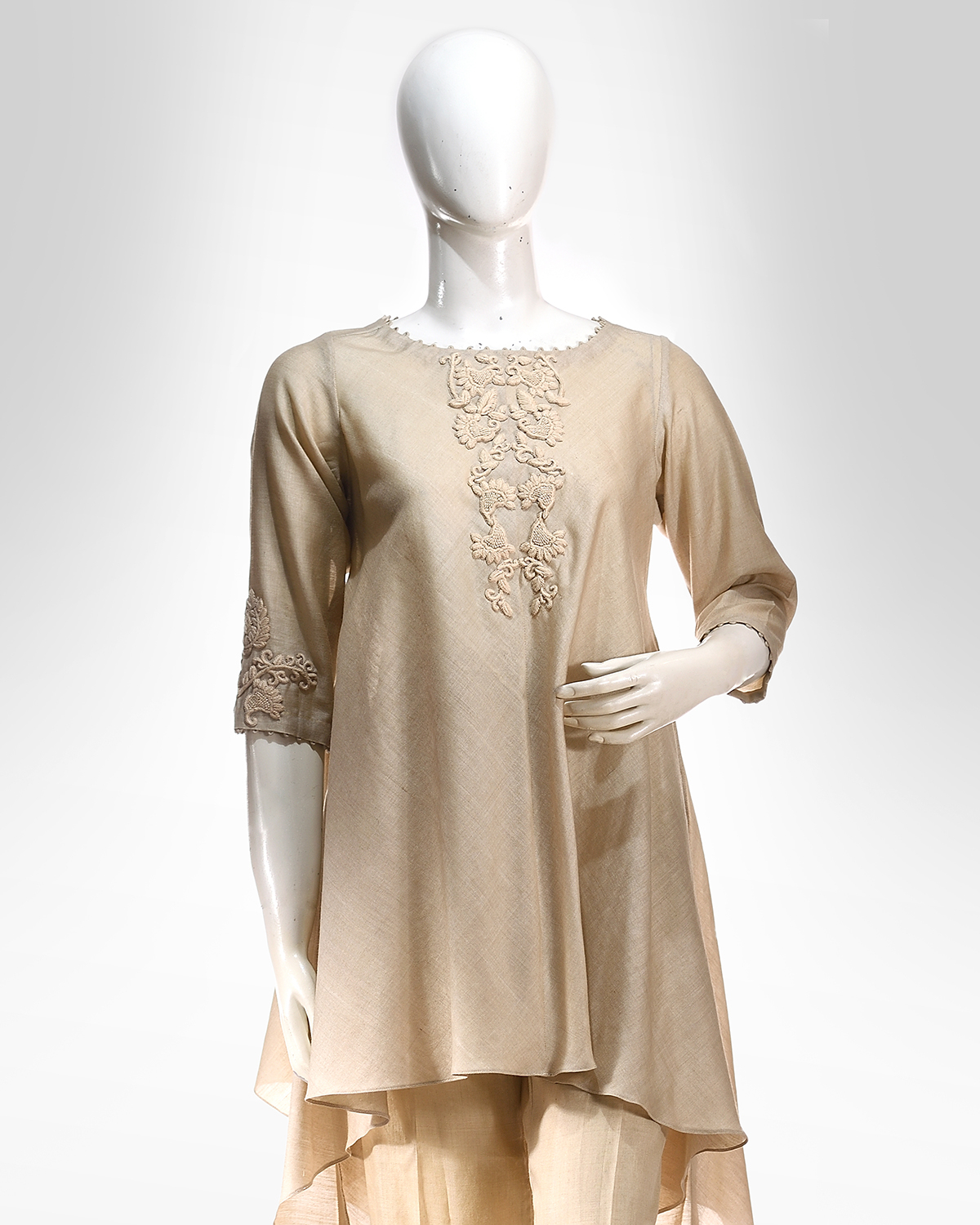 Moonga silk high low thread hand embroidered tunic