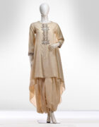 Moonga silk high low tunic set with dhoti pants and shadow embroidery