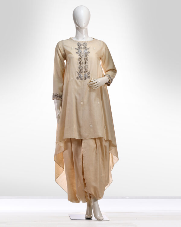 Moonga silk high low tunic set with dhoti pants and shadow embroidery