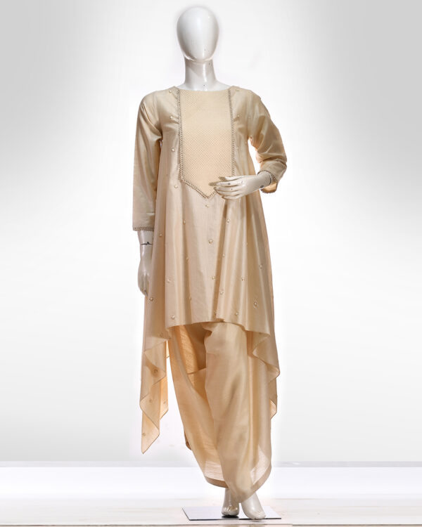 Moonga silk high low tunic with drape pants set