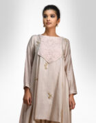 Hand embroidered dabka zardozi floral clusters all over the tunic highlighted with a shadow embroidered chikankari yoke