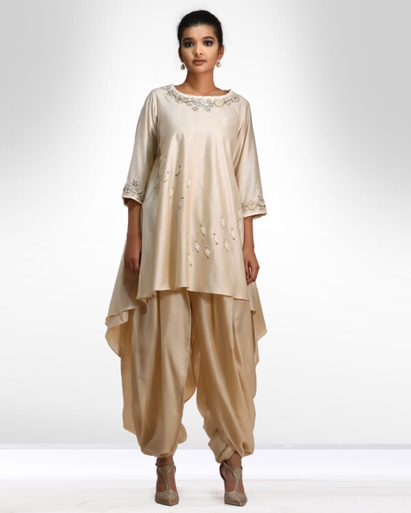 Moonga silk high low tunic with hand zardozi and thread shadow embroidery