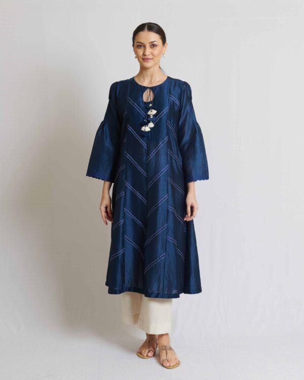 Indigo chanderi silk kurta crafted with ivory thread details