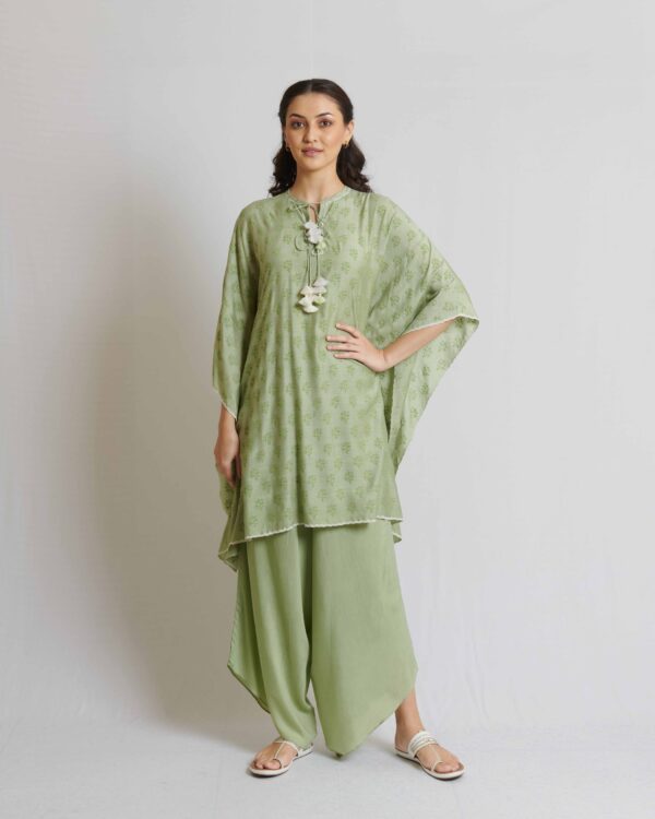 Mint green spun silk kaftan with spun silk drape pant