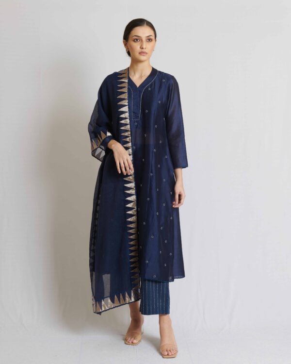 Indigo blue chanderi long kurta with cotton pant and dupatta