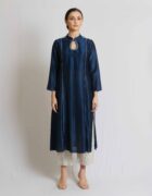 Indigo blue chanderi kurta with Ivory thread embroidery and scallops applique and cutwork detail