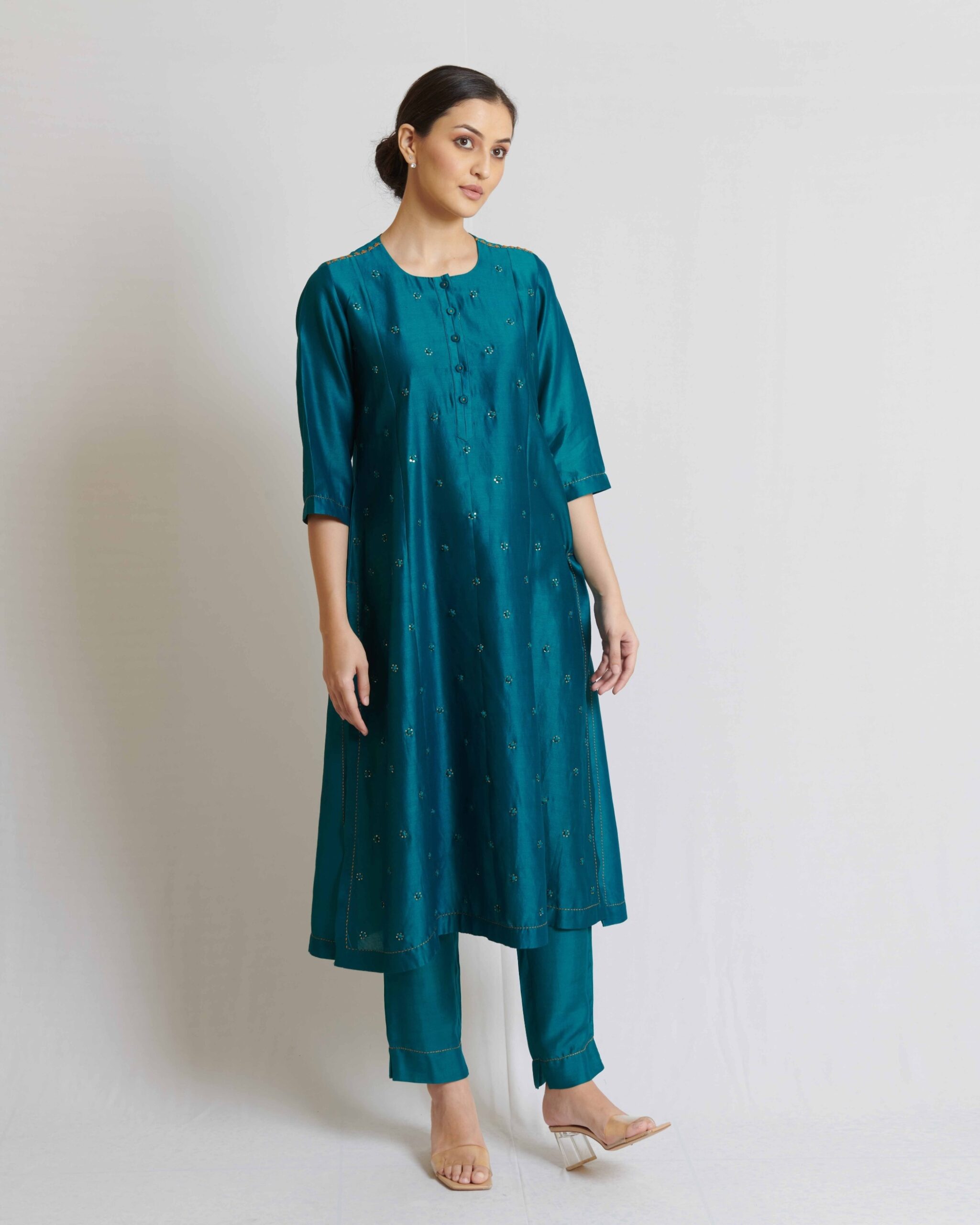 Peacock green chanderi long kurta with hand crafted potlis