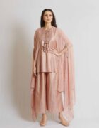 Onion pink tussar silk tunic with pant and kora chanderi cape