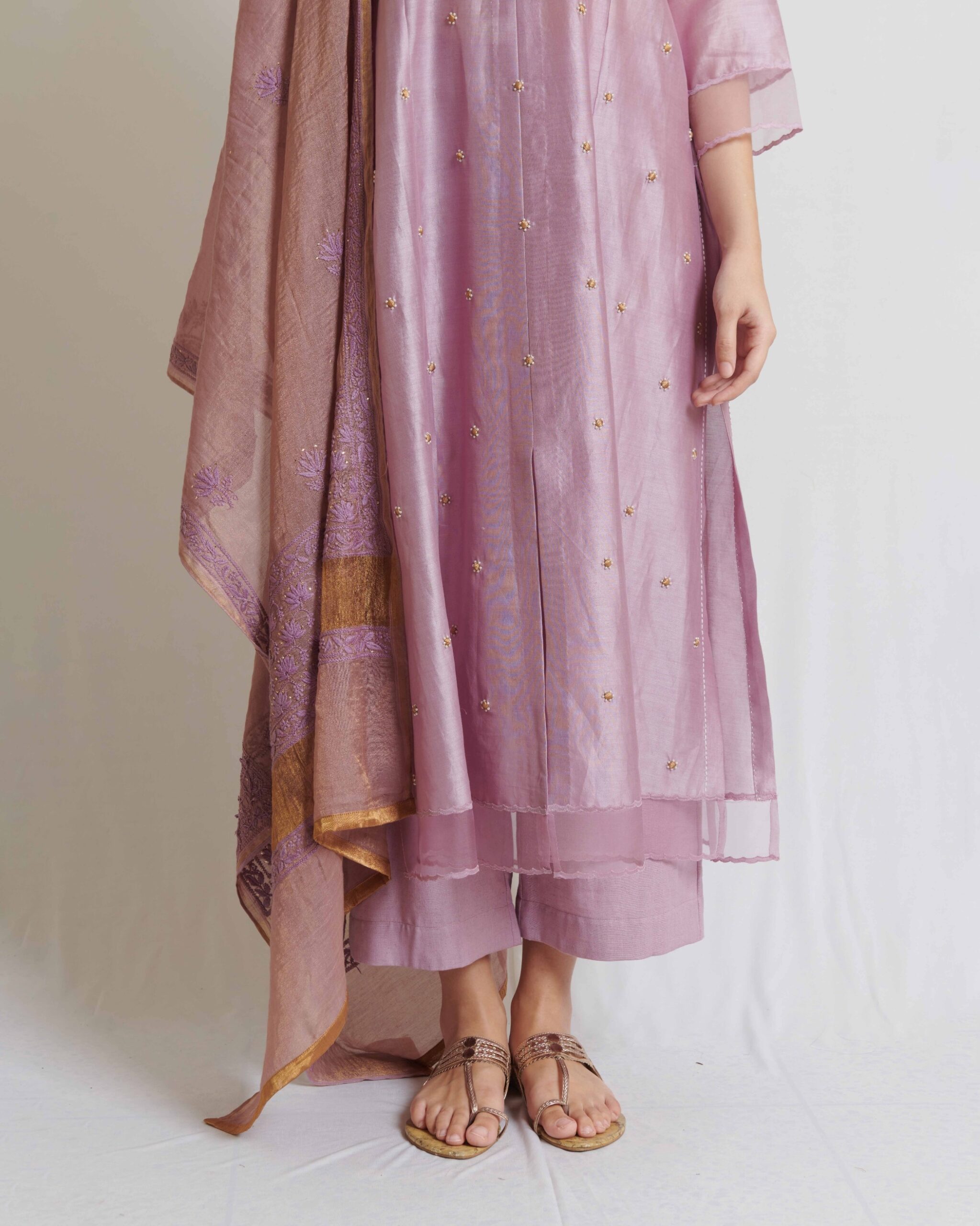 Lavender chanderi long kurta with gold tissue potlis