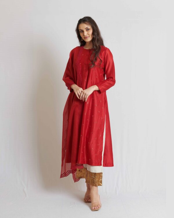 Red chanderi long kurta with cotton gota pant and kota dupatta