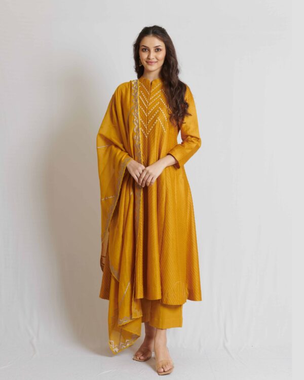 Mustard yellow chanderi pintuck long kurta with khadi cotton pant and Kora chanderi dupatta
