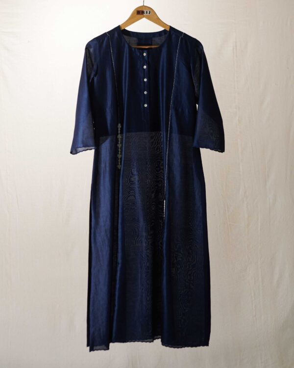 Indigo blue chanderi kurta with ivory thread embroidery and scallops applique and cutwork detail