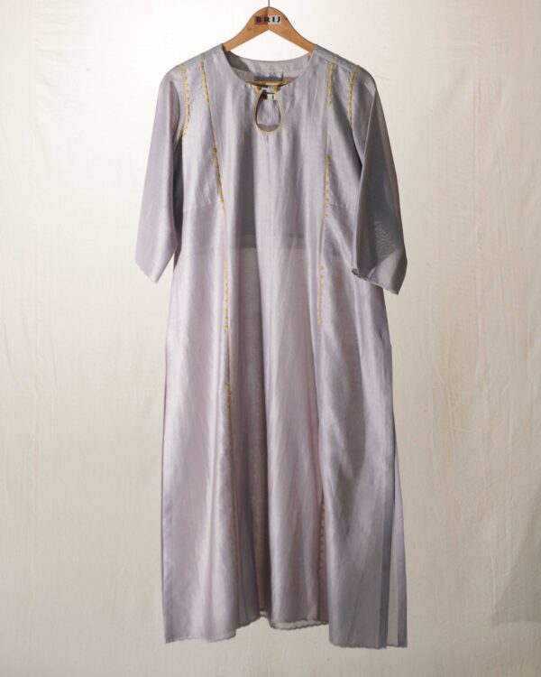 Grey chanderi kurta with yellow thread embroidery and scallops applique and cutwork detail