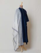 Ivory moonga kota doria dupatta with indigo applique border and highlighted with dull gold and rust butis