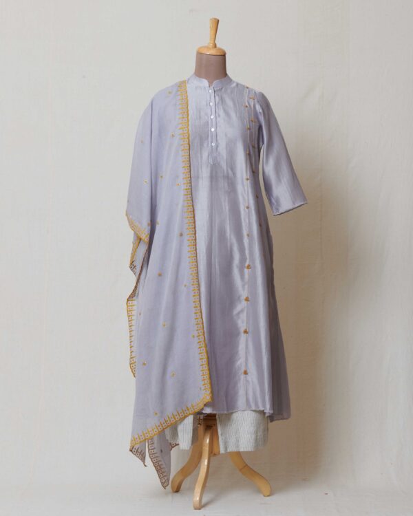 Grey kora chanderi dupatta with yellow applique border and highlighted with dull gold sequence and yellow butis