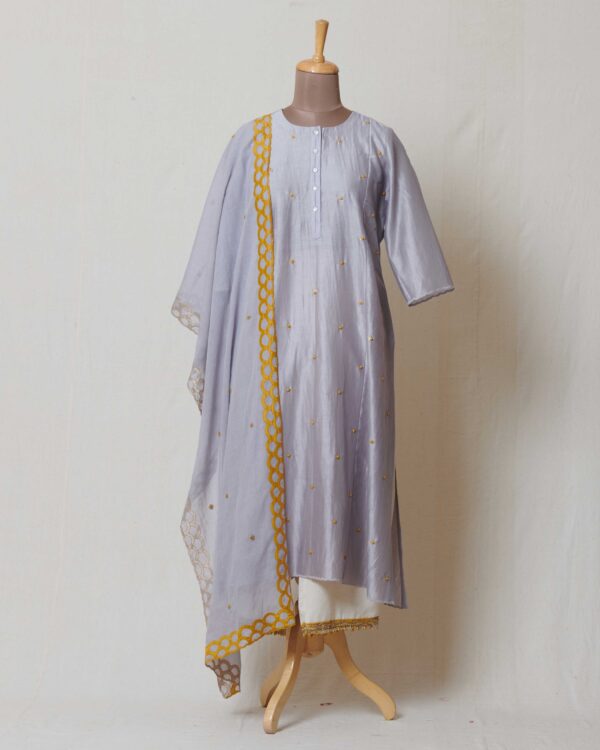 Grey kora chanderi dupatta with yellow and dull gold applique border and highlighted with dull gold and yellow butis
